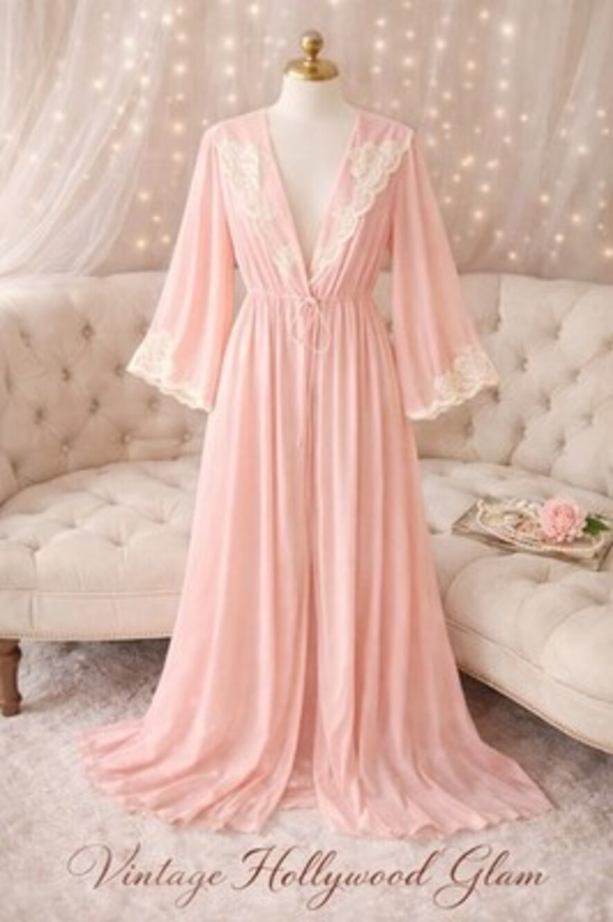 VTG 70's Antron lll Vanity fair Lu Robe Sz 36 Pink W Lace Couture Hollywood Glam